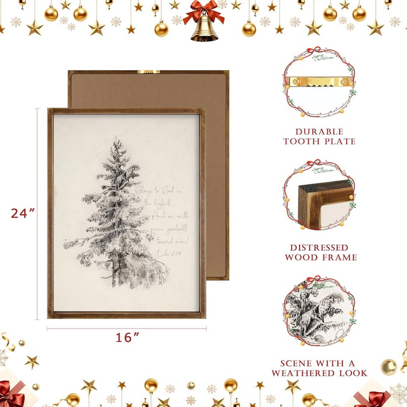 Ronasip Vintage Framed Christian Wall Art - Sketch Pine Trees Biblical Painting With Scripture 'Glory To God In The Highest' -Rustic Wall Sign, Winter Scene Wall Art Decor, Home Decor (16"x24", Brown) - Image 5